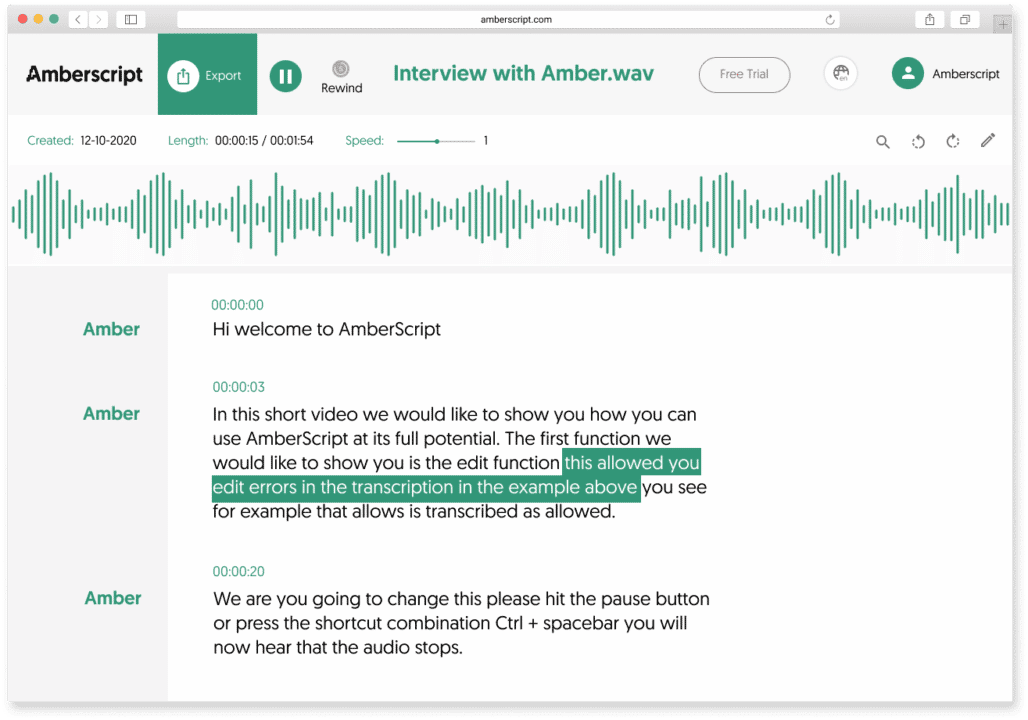 Amberscript speech-to-text online editor view