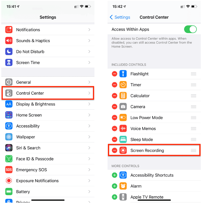 iPhone general Settings view with marked Control Center entry