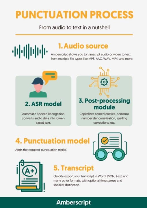 Infographic die Amberscripts vijfstappenplan over het interpunctieproces uitlegt — van audio tot voltooide transcriptie