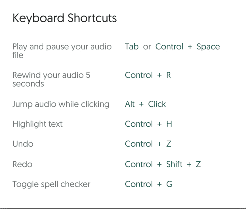 Amberscript online editor keyboard shortcuts