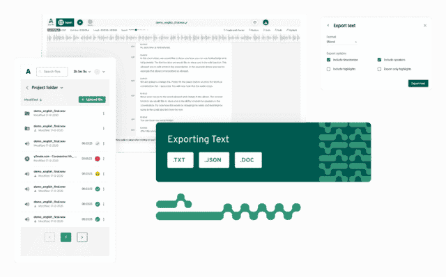 Audio transcription online editor export options view