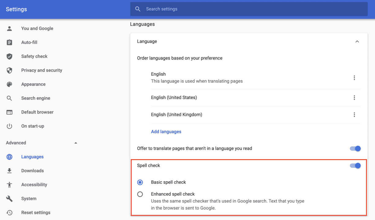 Google Chrome stavningskontrollinställningsvy med grundläggande stavningskontroll aktiverad