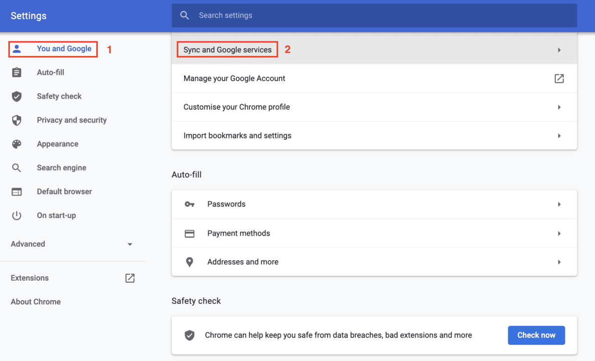 Google Chrome-inställningsvy för att aktivera stavningskontroll