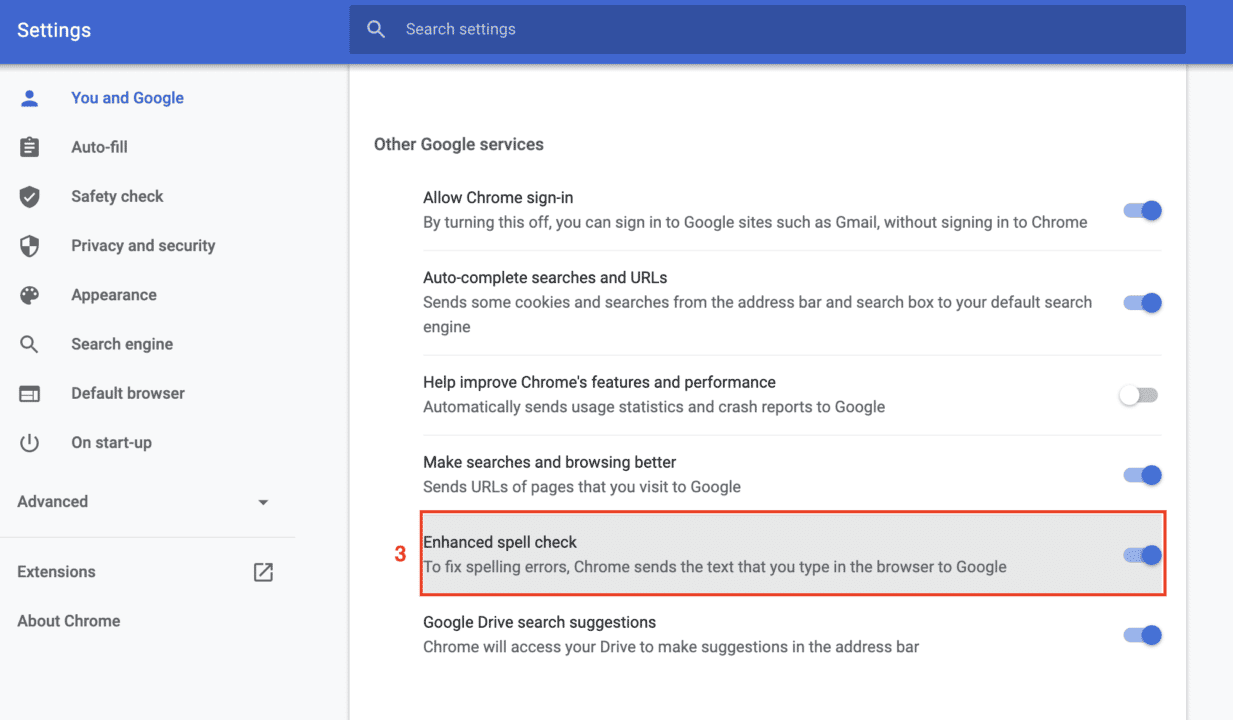 Google Chrome-inställningsvy med förbättrad stavningskontroll aktiverad