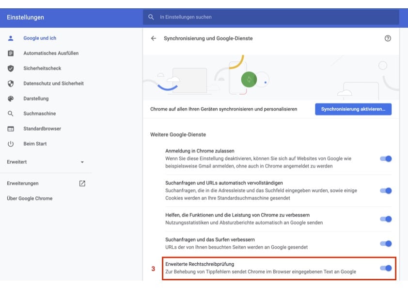 Google Chrome-Einstellungsansicht mit aktivierter erweiterter Rechtschreibprüfung