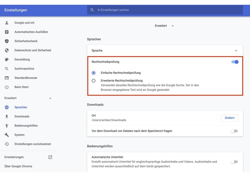 Google Chrome-Einstellungsansicht mit aktivierter ''Einfache Rechtschreibprüfung''