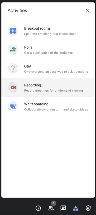 Activities menu during Google Meet video call