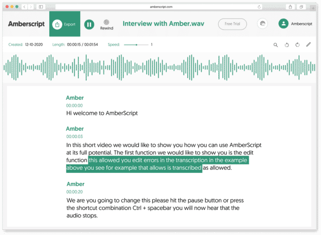 screenshot of amberscript transcription tool editing MP3 to text