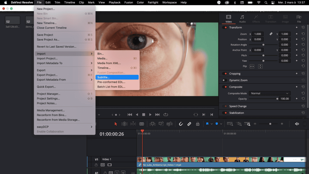 Importing subtitles in davinci resolve