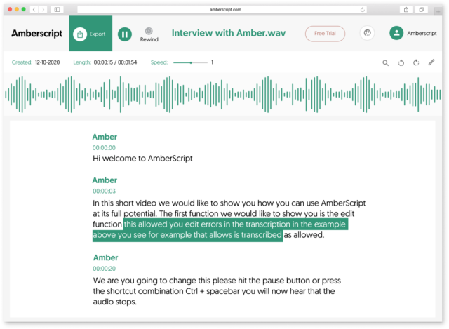 Editor en línea de transcripciones de audio con transcripciones seleccionadas