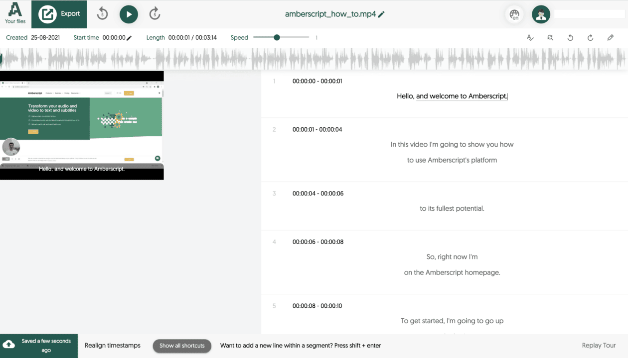 Amberscript Interface on How to Add Captions and Subtitles to a Vimeo Video