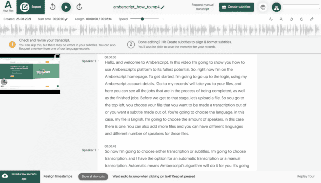 A preview screen of Amberscripts free transcription editor