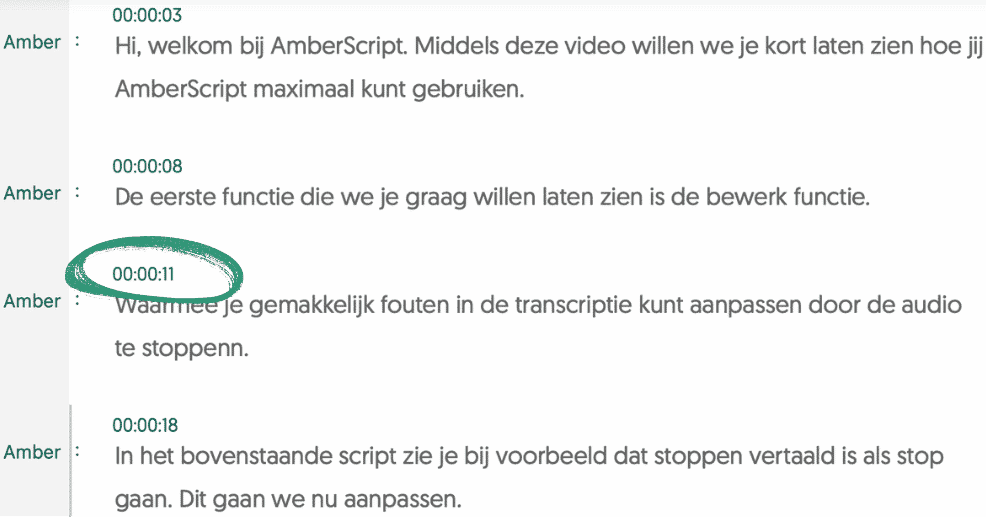 Tijdstempels van het edit programma van Amberscript.