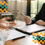 A lawyer and their client discussing in a legal office.