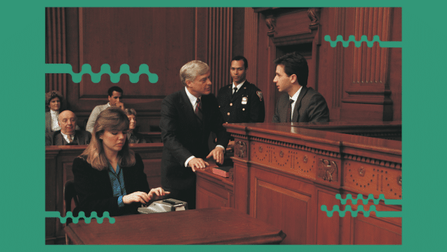 Courtroom showing a lawyer, a court reporter and the defendant.