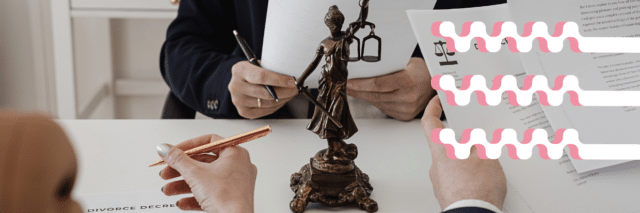 lawyers holding paper and pens with lady justice statue between them