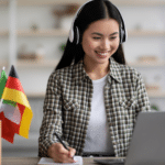 Girl learning a language using speech-to-text tools